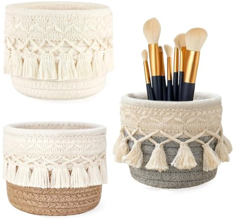 CVASNF 3 soportes para pinceles de maquillaje, estilo bohemio, para cosméticos, mini pinceles, con borlas, organizador y cosméticos, ideal para pequeñas cestas en el baño, 12 x 10 cm