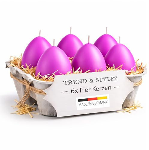 6 Eierkerzen im Set (60x45mm) | Handgetauchte Osterkerzen | Made in Germany | RAL-zertifiziert | 7h+ Brenndauer | Frühlingsdeko & Geschenkidee (Pastelllila)