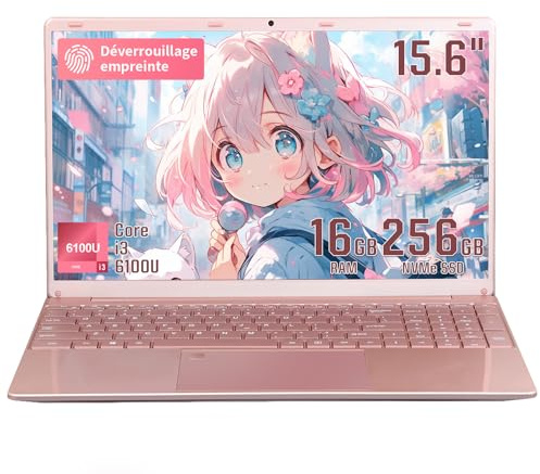 LONGEVINCE Ordinateur Portable 15,6 Pouces avec Housse Clavier AZERTY Française, Windows11 Pro Core i3, 16 Go RAM 256 Go SSD Extensible 512 Go, PC Portable Léger pour Étude et Bureau-Rose