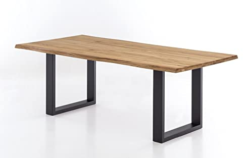 WOODLIVE DESIGN BY NATURE Massivholztisch Brian in Wildeiche, massiver Esstisch mit Baumkante, rustikaler Esszimmertisch mit schwarzen Stahlkufen, Größe:220x100