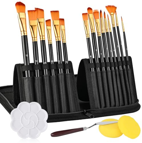 GOLDGE 19 Stück Pinselset Acrylfarben Set, Pinsel Acrylfarbe, Pinsel Set, Künstlerpinsel fur Ölfarben, Gouache, Aquarell, Acryl Pinsel mit Palettenmesser, Palette, Malschwamm
