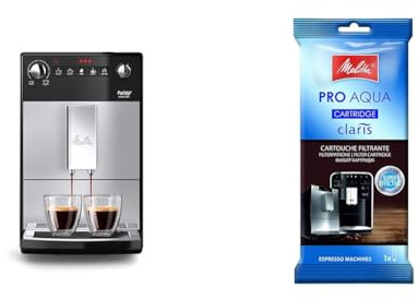 Melitta Purista F230-101, Cafetera Automática con Molinillo Silencioso, 15 Bares, Café en Grano, Limpieza Automática, Personalizable, Plata & Pro Aqua Cartucho de Filtro Descalcificador, Plastique