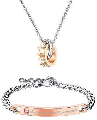 Cupimatch Set de Collar y Pulsera para Mujer, Conjunto de Joyería de Acero Inoxidable con Pulsera de Brazo Grabada Always Remember I love you Mom y Anillos con Corona, Rosegold