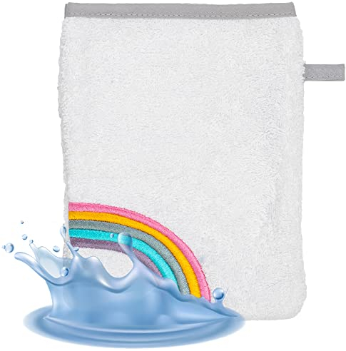 Smithy Waschlappen Baby Regenbogen Wolke | 100% Baumwolle Frottee | Waschhandschuh Kinder | Jungen & Mädchen | Geschenk zur Geburt | Weiss
