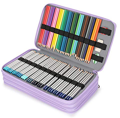 BSTKEY PU Pencil Case Students Pen Wrap for Colored Pencils - Large Capacity 300 Pencil Holder Pouch Storage Bag Stationery Organizer, Purple (No Pencils)