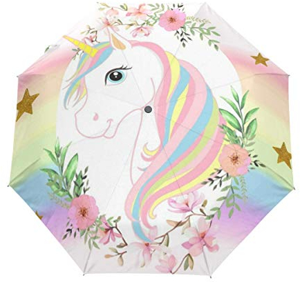 Gänseblümchen Regenbogen Einhorn Regenschirm Taschenschirm Automatische Reise Winddichte Sonnenschutz Trekkingschirm Wanderregenschirm für Frauen Männer