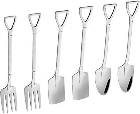 N/C 6 cucchiai a forma di pala in acciaio inox, forchetta da dessert, cucchiaino da caffè, cucchiaio da miscelazione, forchetta per frutta, famiglie o ristoranti, creativo e divertente.