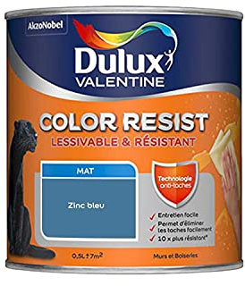 Dulux Valentine Color Resist Pièces à Vivre - Peinture Intérieure Murs, Plafonds, Boiseries - Lessivable et Résistante - Couleur : Zinc Bleu - 0,5 L