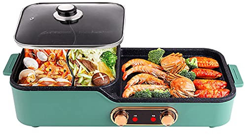 Linjolly Parrillas eléctricas de shabu multifunción Cacerola eléctrica Antiadherente con Cubierta vítrea de Acero, Potencia 1600 W para 3-6 Personas, Verde