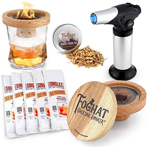 The Foghat Cocktail Smoker and Old Fashioned Smoked Cocktail Kit with Torch (no Butane) w/Bourbon Barrel Oak Wood Chips (4oz) and Singlez Bar Old Fasioned Mix Packets - Whiskey Smoker Kit for Drinks