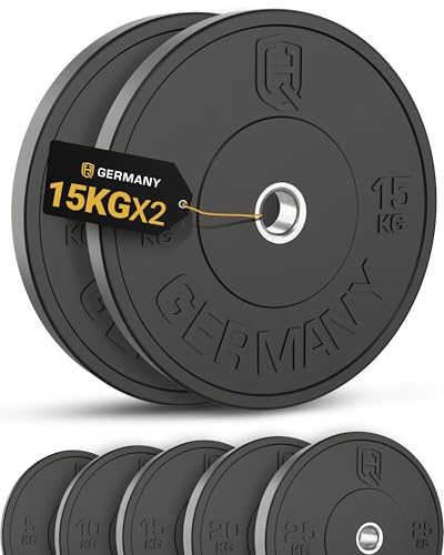 HQ Germany® Bumper Plates 50 mm [All-Black] - Hantelscheiben 5-25kg | Robustes Vollgummi, Ø 450mm, 50mm-Bohrung, Shore-A 85 Härte, schmales Design, Edelstahl-Hülse, All-Black