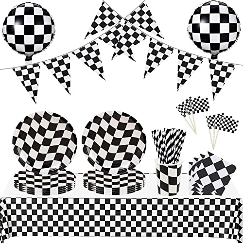 Rennauto Party Zubehör Geburtstag Deko Wiederverwendbare 10 Pappteller, 10 Pappbecher, 20 Servietten, 24 Zielflagge Cupcake Topper, Tischdecke, 2 Balllons Auto Geburtstagsdeko Rennwagen Schwarz Weiß