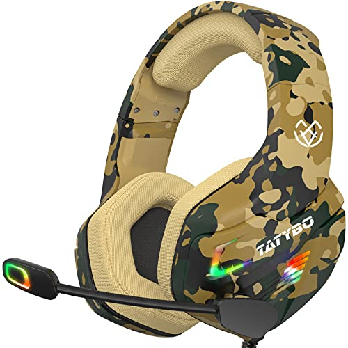 Tatybo Cuffie Gaming con Stereo Bass Deep per Ps4 Ps5, Cuffie con Microfono Cancellazione del Rumore, LED RGB