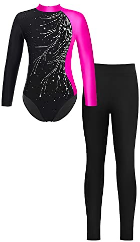 iEFiEL Mädchen Turnanzug Langarm Glitzer Gymnastik Kleidung Set Ballett Trikot Langarmbody mit lange Hose Kinder Gymnastikanzug Z Rose + Schwarz 122-128