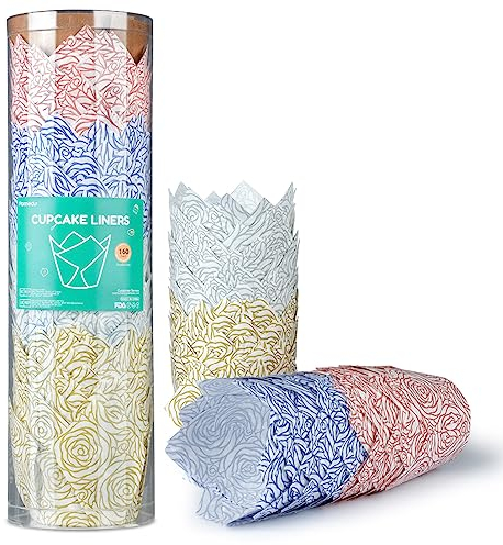 Parmedu 160 Pirottini di Carta a Tulipano per Cupcake e Muffin, Resistenti Olio di Fodere, Dimensioni Standard, 4 Colori, con Motivo a Rose, Pirottini per Cupcake