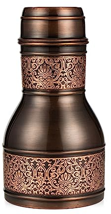 Pure Copper Water Bottle for Drinking - Pitcher with Lid - Ayurveda Health Benefit - Bedside Carafe and Glass Set - Venus Pot - 950 ML