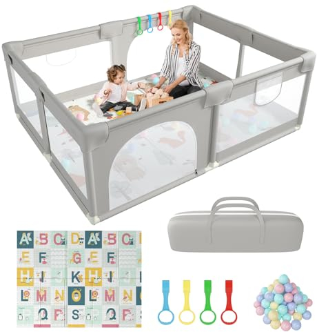 Laufstall Baby mit Matratze 180x150 cm, Kinder Laufstall mit weichem atmungsaktivem Netz, inklusive 50 Bällen, 4 X Zugringen,Extra großer laufgitter mit Aufbewahrungstasche