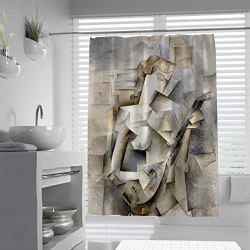 LANDERSION Pablo Picasso Stil Duschvorhang Liner Mädchen mit einem Mandoline Badewannenvorhang für Badezimmer Geometrie Duschvorhang wasserdicht mit Haken W180 x L180cm