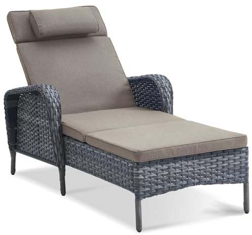 Belord Outdoor Chaise Lounge Patio Recliner - 75 Inch Adjustable Wicker Chaise Lounge with Soft Pillow Removable Cushions, All Weather Rattan Pool Lounge Chair for Poolside Deck Grey/Grey