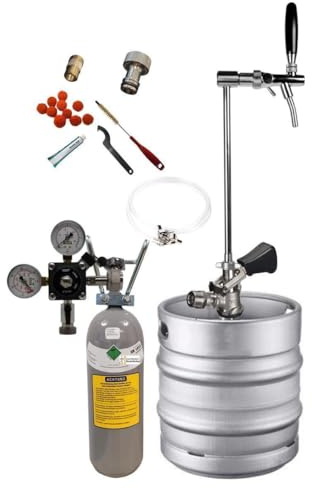Gastrobedarf Westerbarkey Zapfgarnitur mit Edelstahl Keg-Schanksäule inkl. 2kg Co2 Flasche, Schläuche, Druckminderer, Reinigungsset und Korbkeg Typ S (23475-006)