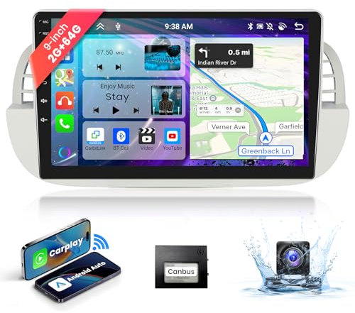 2G+64G 9‘’Autoradio Bluetooth Für FIAT 500 2007-2015 Carplay Android Auto Wireless,Podofo 8-Core Android Radio 2 din mit Bildschirm GPS Navi HiFi/RDS/FM DSP AHD Rückfahrkamera[Beige]