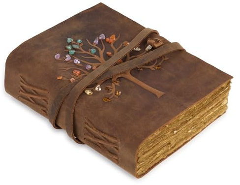 Diario vintage de cuero árbol de la vida, papel de algodón hecho a mano, ideal como cuaderno viaje o cuaderno diario - 21 x 16 cm