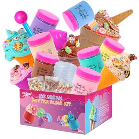 Fluffy Butter Slime for Girls, 7 Pack 100ml Large Cloud Slime Kit with 10pcs Ice Cream Accessories Sets, Kids Slime Making Kits, Play Mat, Putty Toy Gift Prize Party Favors for Boys Kids