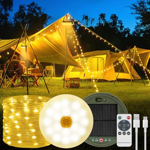 AMFUN 39FT/12M 120LED String Lights, Solar Camping String Lights Reel, USB Rechargeable, Waterproof, Retractable Camping String Lights for Outdoor, Indoor, Home, Patio, RV, Garden, Warm White