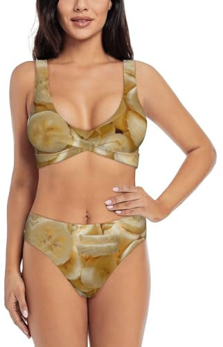 GaxfjRu Bananen-Badeanzüge für Damen 2024, 2-teiliges Bikini-Set mit hoher Taille, Bauchkontrolle, Bademode, Schwarz, S