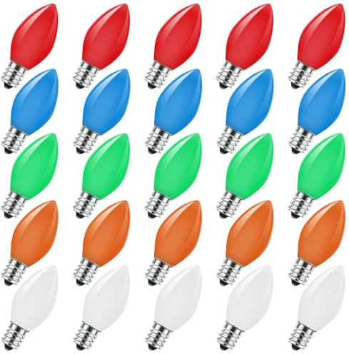 Chritsmas Multicolor C9 LED Replacement Bulbs,25 Pack Colored Plastic Shatterproof C9 LED Christmas Bulbs, E17 Intermediate Base, 0.6W Great for Outdoor String Lights Christmas Party Decorations