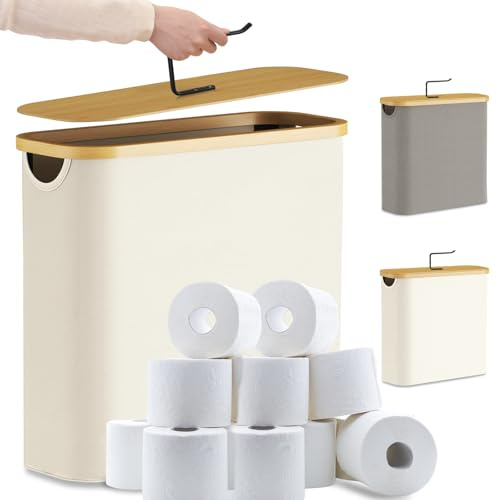LEEJARD 30L Toilettenpapier Aufbewahrung Korb mit Deckel aus Bambus, Klopapier Aufbewahrung Behälter, WC Papier Aufbewahrung, weiß eleganter Badezimmer Organizer für Klorollen (Packung mit 2)