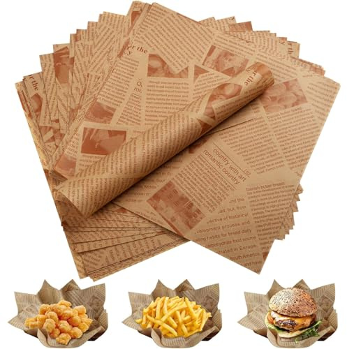100 Feuilles Papier Emballage Alimentaire, 22 x 22 cm Emballage Alimentaire, Journal Alimentaire, Papier Emballage Alimentaire, Papier Sulfurisé pour Camping Frites Pizza Burger Pain Sandwich