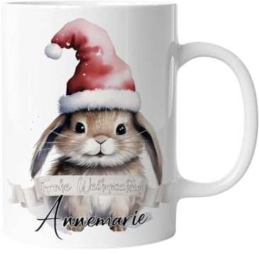 Tasse zu Weihnachten | Weihnachtstasse Tiere - Personalisiert mit Namen | Frohe Weihnachten - Kaffeetasse für Jungen und Mädchen - Hase | mug-txZ-127