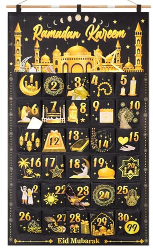 DPKOW 30 Ramadan Calendar with Pockets, Reusable Cloth Ramadan Advent Calendar Empty to Fill Hanging for Wall Home Ramadan Decoration, Ramadan Countdown Calendar for Gifts Ramadan, Black Gold
