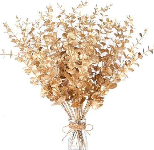 Jesustree Plantes Eucalyptus Artificielles, 36 Pièces Feuilles d'eucalyptus Artificielles, Feuilles et Branches d'eucalyptus Simulées pour Arrangement de Fleurs, Décoration de Noël (Gold Color)
