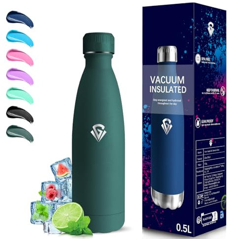 Grsta Gourde Isotherme, Gourde 500ml, Bouteille Inox, Sans BPA, Bouteille Isotherme, Reutilisable, 24h Froid & 12h Chaud, Thermos Anti Fuite, Double Vide, Thermos pour l'École, Bureau, Camping
