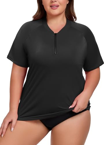 ForHailey Women's Plus Size Short Sleeve Rash Guard Swim Shirt UPF 50+ Sun Protection Zip Swimsuit Tops 1XL-5XL, Black, XXL Plus