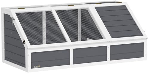 PawHut Casetta per Tartarughe di Terra senza Pavimentazione con Pannello Apribile e 2 Spazi Separati, Casa Tartarughe in Legno di Abete e Acciaio Zincato, 120x55x50A cm, Grigio Chiaro e Bianco