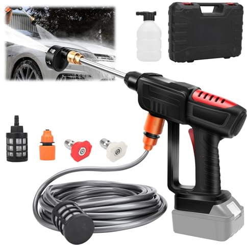Roadtime Hidrolimpiadora Bateria de Alta presión para Makita 18 V,Limpiador Pistola con Boquilla 6 en 1 de Limpieza y riego, máx. 30 Bar, Manguera de 5,5 l/min, Manguera de 10 m(Sin batería)