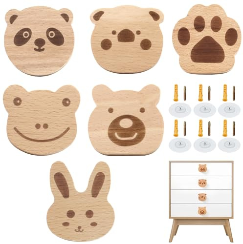 Möbelknöpfe Holz, 6 Stück süßer Tier schrankknöpfe, Tier Holzgriffe Für Schränke, Kinderzimmer Holzknöpfe, Schubladenknöpfe für Dekoration, Cartoon Tier Kommode Griff, für Schubladen, Schrank, Kommode