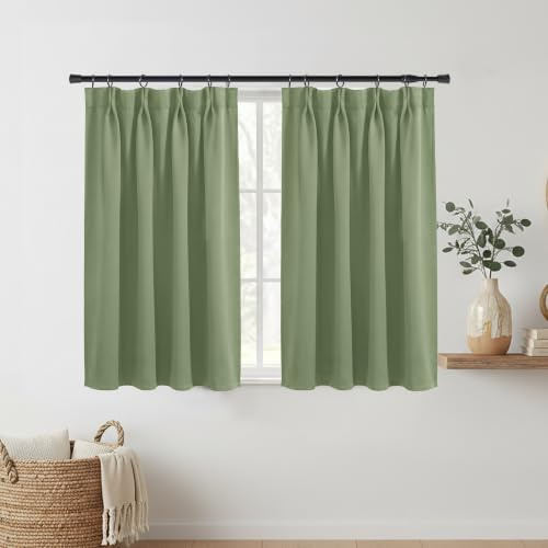 Short Blackout Curtains 40 Inch Length for Bedroom Windows,Pinch Pleated Black Out Boho Sage Green Curtains for Door Window Bathroom