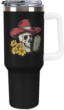 Lustiger Becher mit Henkel, Western-Totenkopf und Kaktus, Unisex, für Erwachsene, Edelstahl, großes Fassungsvermögen, Reisebecher fürs Auto, 40 oz