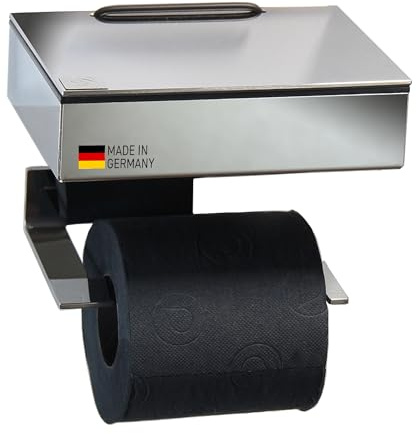 Toilettenpapierhalter mit Feuchttücherbox - Gehäuse Poliert & Abdeckung Edelstahl - befüllbar von Rechts - Wandhalterung 2-in-1, Feuchttuchbox & Klopapierhalter aus Edelstahl, Made in Germany