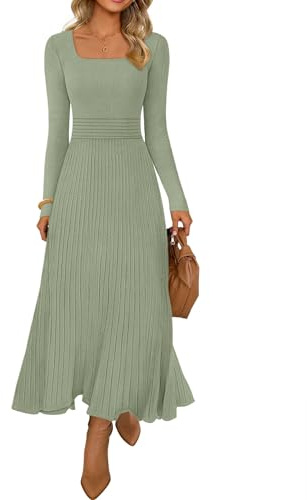 MEROKEETY Women's Sweater Dress 2025 Fall Winter Casual Long Sleeve Square Neck Pleated Church Work Knit Midi Dresses, LightGreen, Large