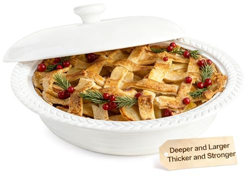 Cormomu Deep Dish Pie Pan with Lid, 11 inch Ceramic Pie Dish, Round Baking Dish for Apple, Quiche, Pot Pies, Tart, etc, Microwave, Dishwasher, and Oven Safe