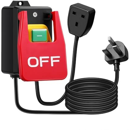 Single Phase On/Off Switch 230V 18A: Emergency Stop Switch with 150cm Cable | Electromagnetic Pressure Switch for Milling Machines Woodworking Machinery and Other Electrical Equipment - Black