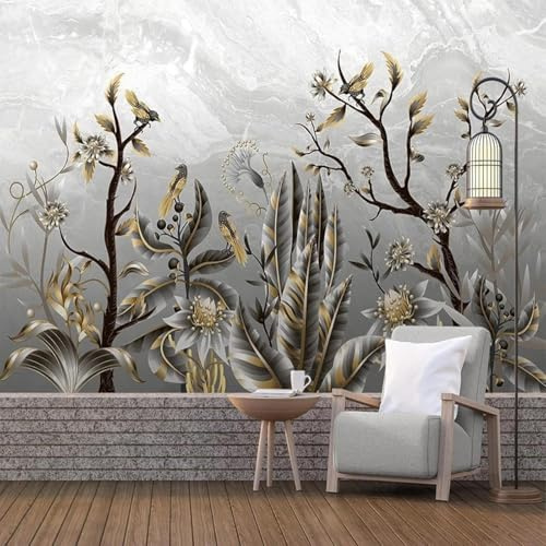 Creative Gold Grey Plants Birds 3D Wallpaper Easy Install Feature Office Living Room Sofa Bedroom TV Background Wall Decoration-250cm×170cm