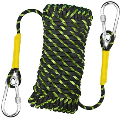 YIUBCZOQI Corde d'escalade 10mm Corde Statique de Extérieure 10m Sauvetage d'incendie Corde de Tressée Nylon avec 2 Crochets en Acier pour Randonnée Escalade Extérieure UIAA Noir Fluorescent
