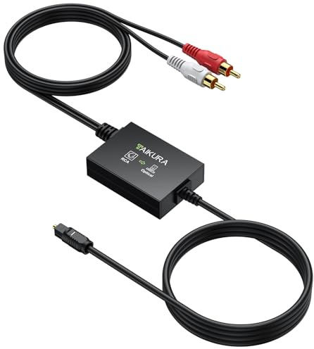 TAIKURA Convertidor Audio RCA a Óptico Toslink, Adaptador Analógico a Digital SPDIF con Cable Óptico 1m + Cable RCA 1.1m Integrados para Tocadiscos, Reproductor CD a Barra de Sonido