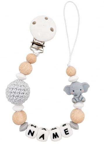 Individuell gestaltetes Babygeschenk personalisiertes Schnullerhalter mit Namen für Mädchen oder Junge Baby Geschenk personalisiert zur Geburt & Taufe (Elefant) grau.